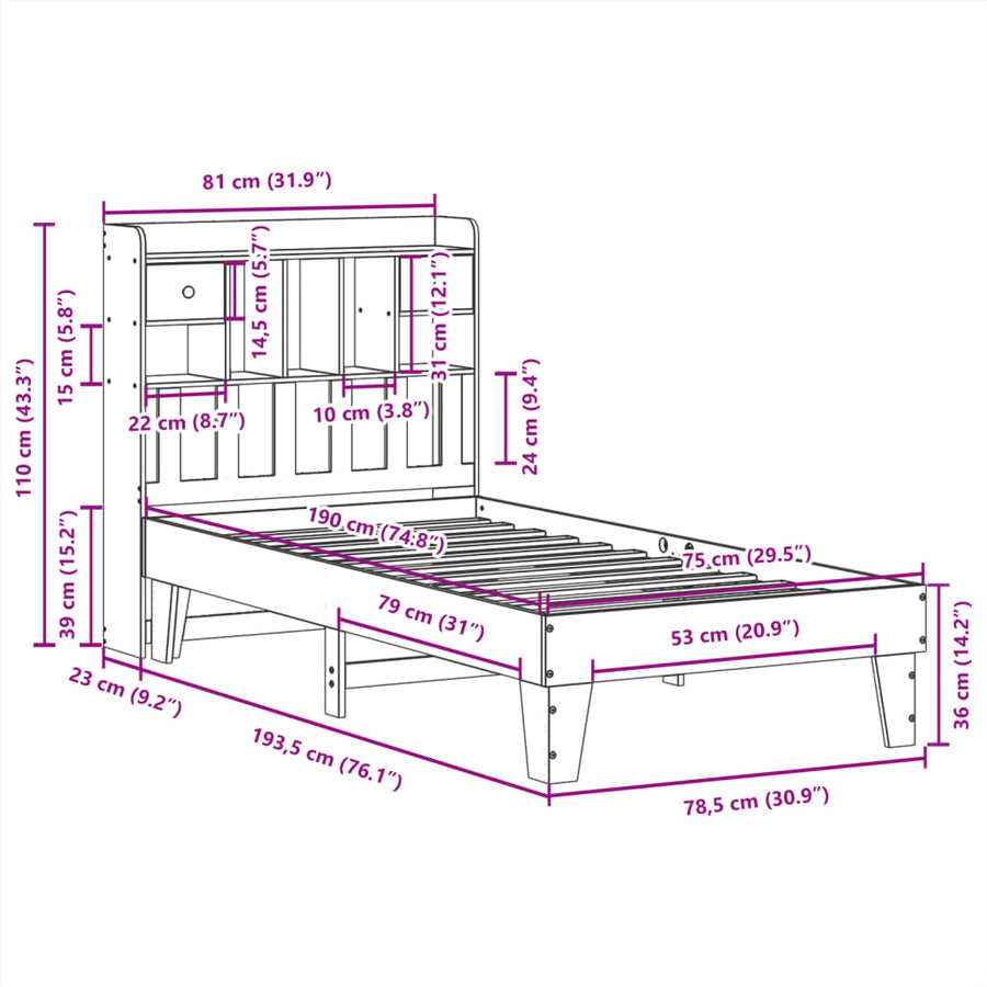 Bedframe zonder matras massief grenenhout wit 75x190 cm