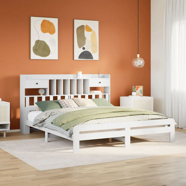 Bed met boekenkast zonder matras grenenhout wit 200x200 cm