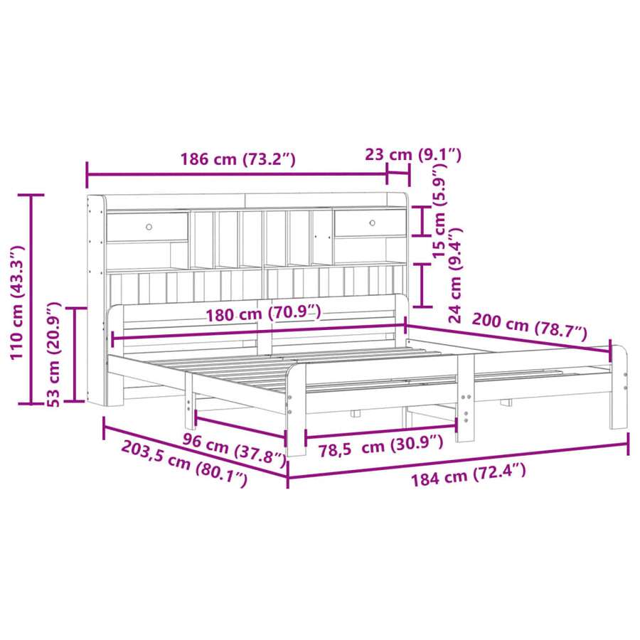 Bed met boekenkast zonder matras grenenhout wit 180x200 cm
