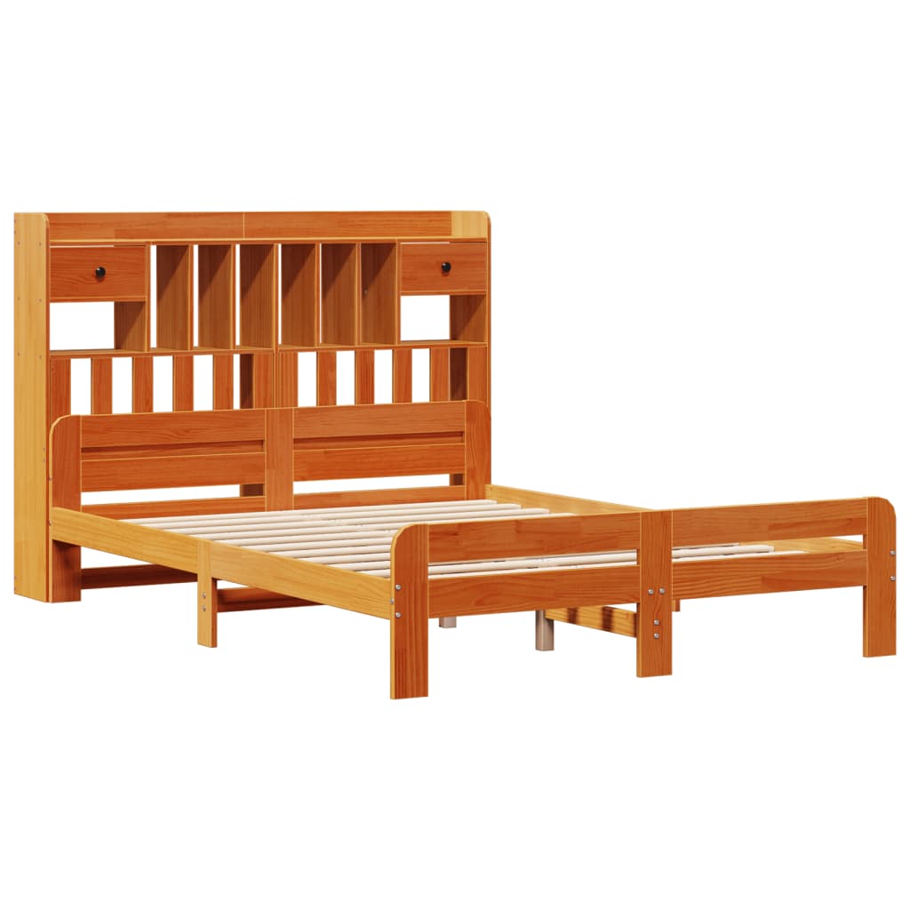 Bed met boekenkast zonder matras grenenhout wasbruin 140x200 cm