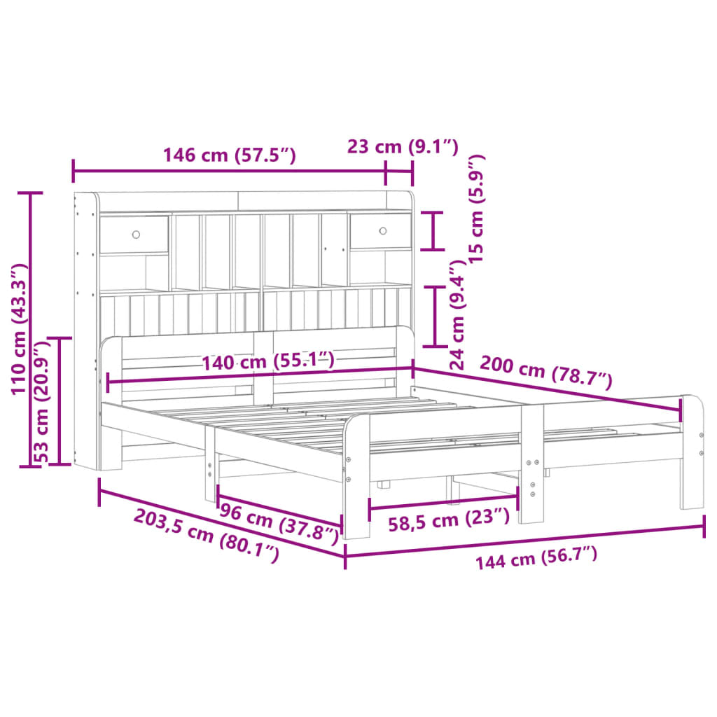 Bed met boekenkast zonder matras grenenhout wasbruin 140x200 cm