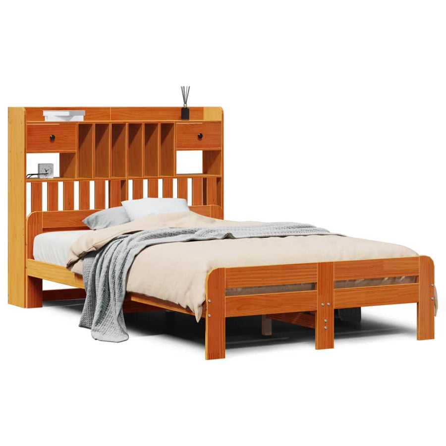 Bed met boekenkast zonder matras grenenhout wasbruin 135x190 cm