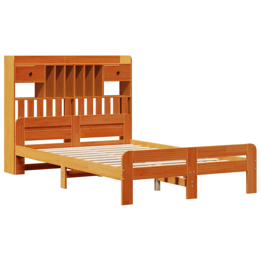 Bed met boekenkast zonder matras grenenhout wasbruin 135x190 cm