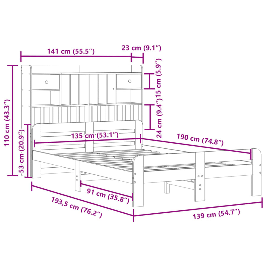 Bed met boekenkast zonder matras grenenhout wasbruin 135x190 cm