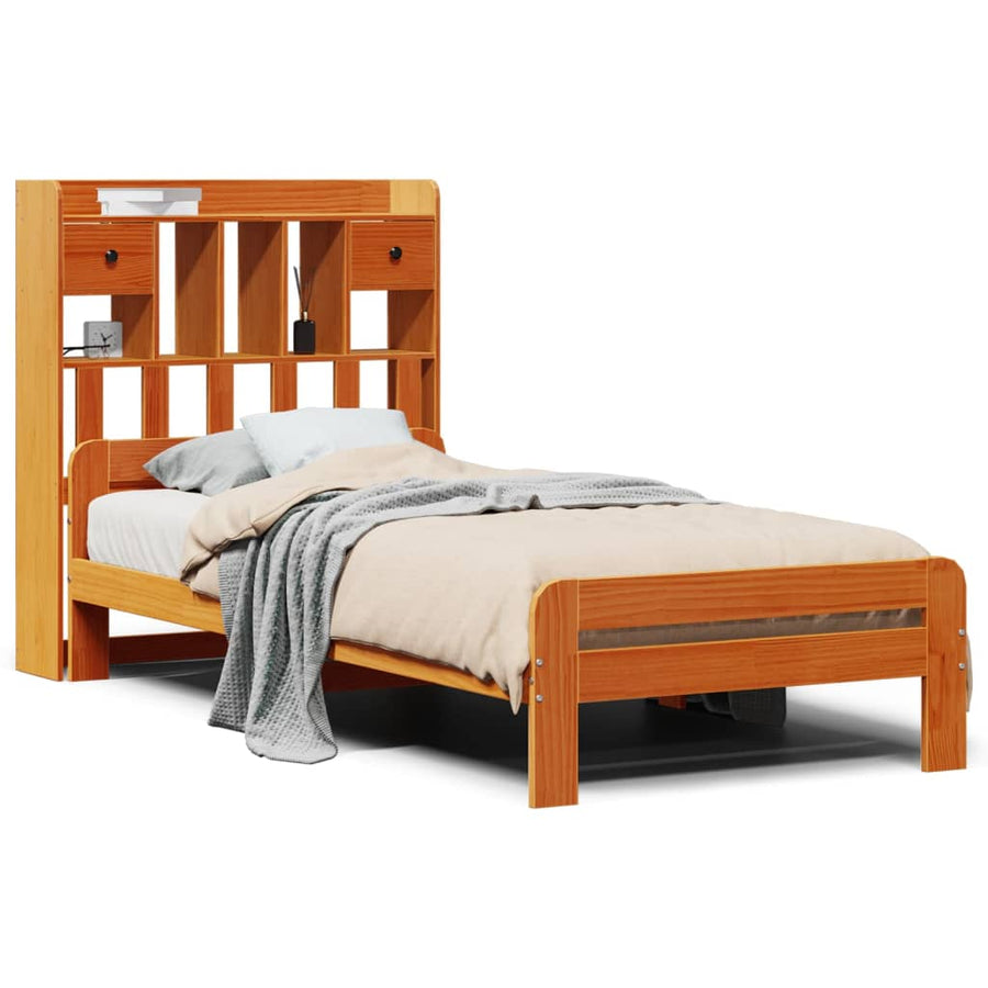 Bed met boekenkast zonder matras grenenhout wasbruin 75x190 cm