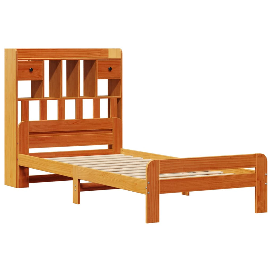 Bed met boekenkast zonder matras grenenhout wasbruin 75x190 cm
