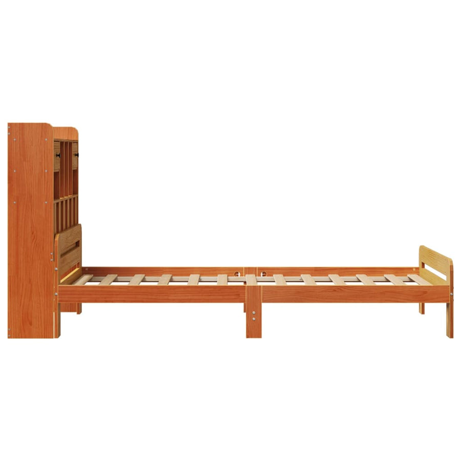 Bed met boekenkast zonder matras grenenhout wasbruin 75x190 cm
