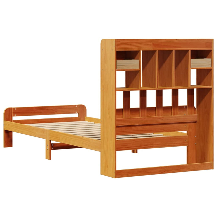 Bed met boekenkast zonder matras grenenhout wasbruin 75x190 cm