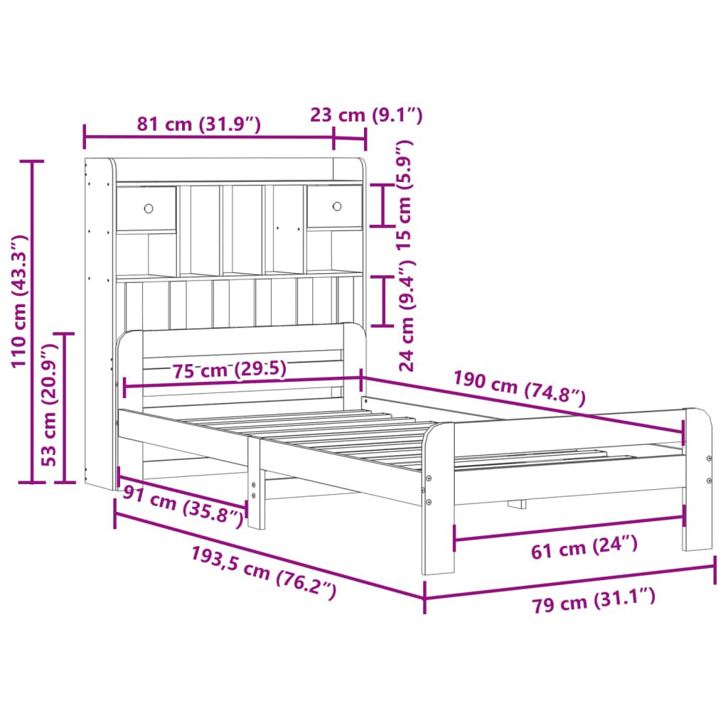 Bed met boekenkast zonder matras grenenhout wasbruin 75x190 cm