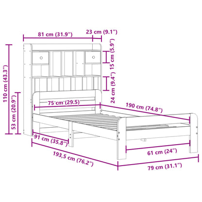 Bed met boekenkast zonder matras grenenhout wasbruin 75x190 cm
