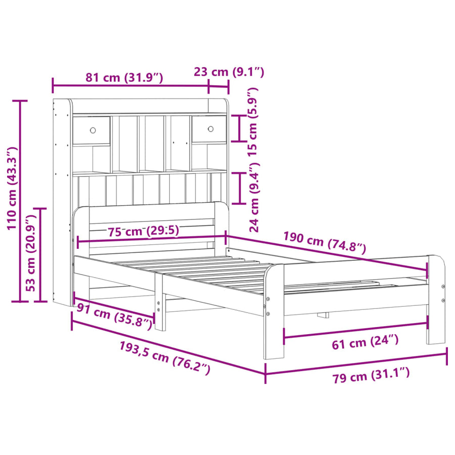 Bed met boekenkast zonder matras grenenhout wasbruin 75x190 cm