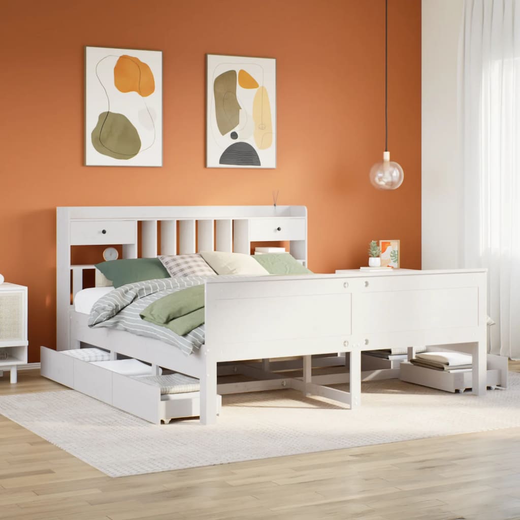Bed Met Boekenkast Zonder Matras Grenenhout 180 x 200 cm Wit