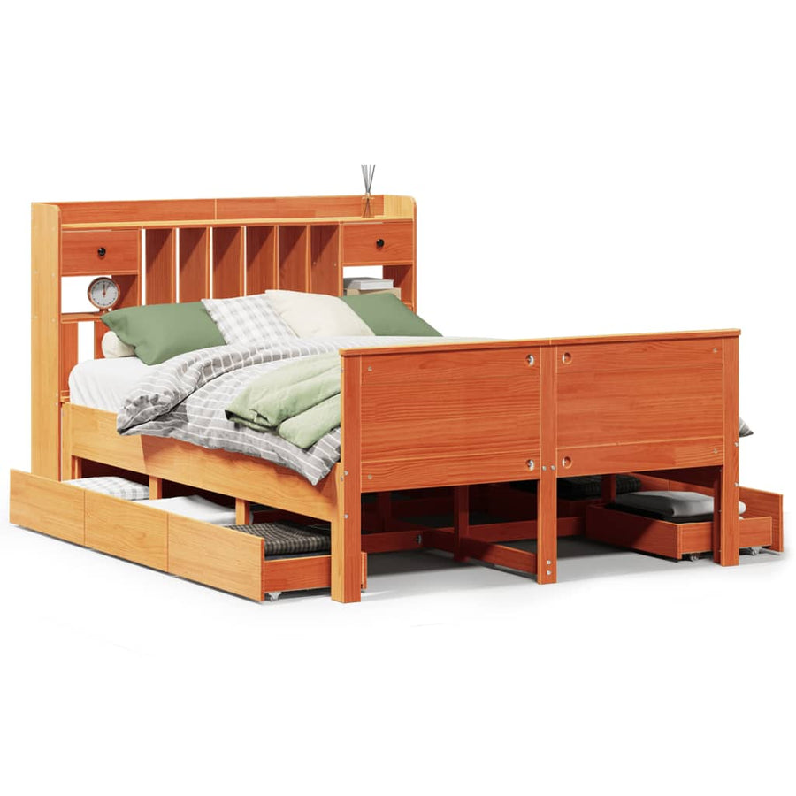 Bed met boekenkast zonder matras grenenhout wasbruin 150x200 cm