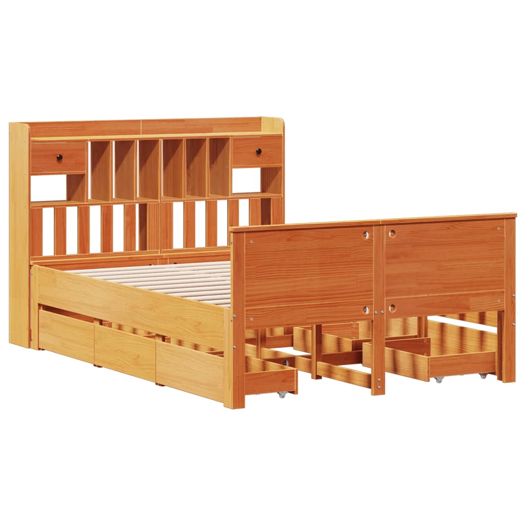 Bed met boekenkast zonder matras grenenhout wasbruin 150x200 cm