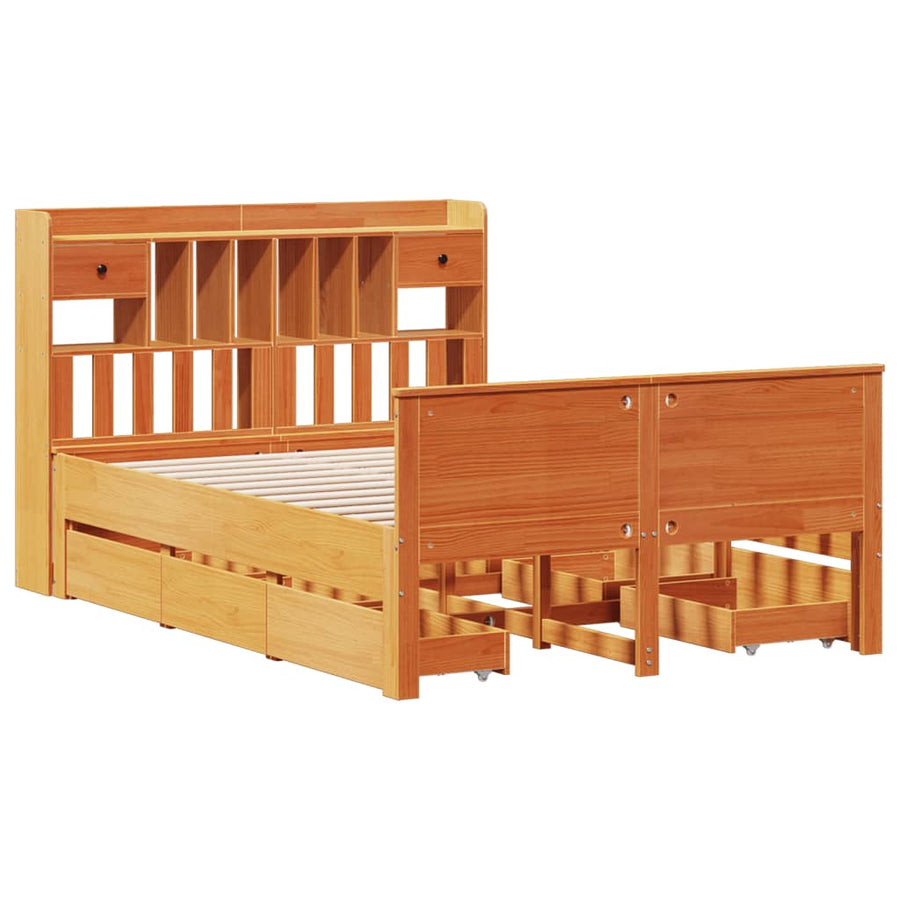 Bed met boekenkast zonder matras grenenhout wasbruin 150x200 cm