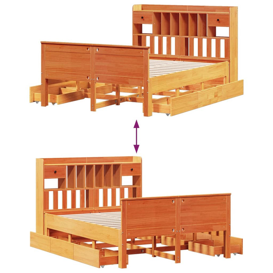 Bed met boekenkast zonder matras grenenhout wasbruin 150x200 cm