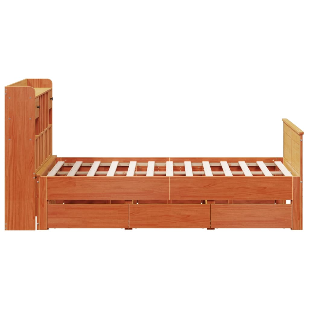 Bed met boekenkast zonder matras grenenhout wasbruin 150x200 cm