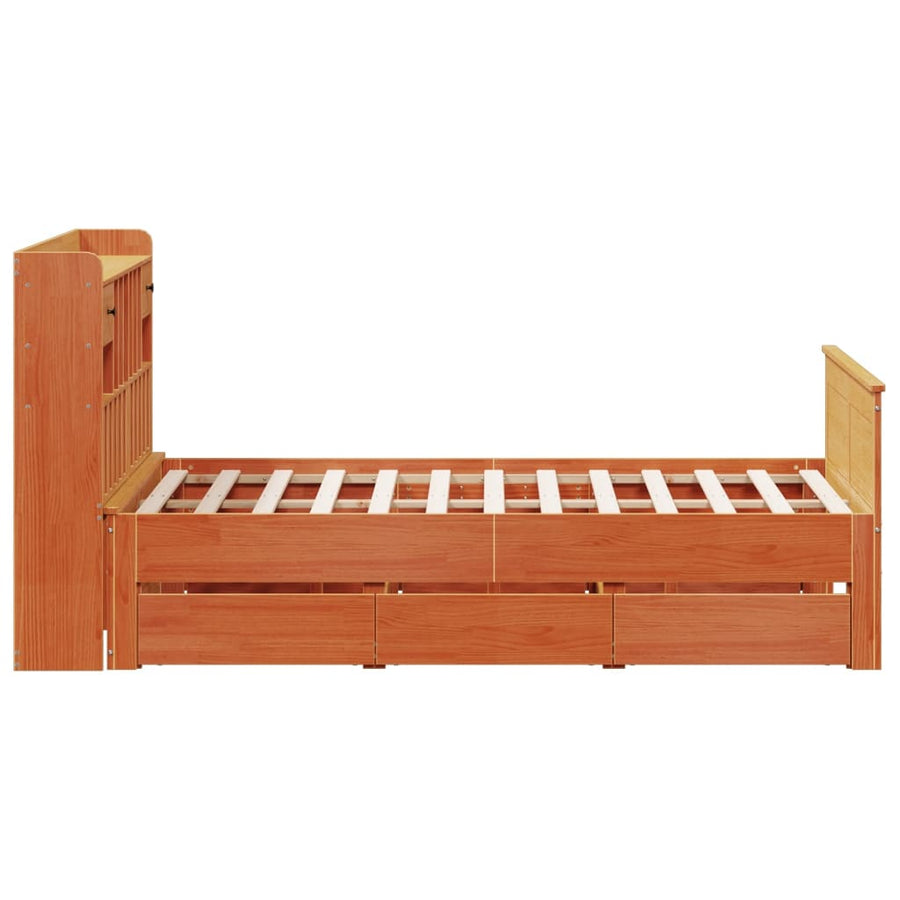 Bed met boekenkast zonder matras grenenhout wasbruin 150x200 cm