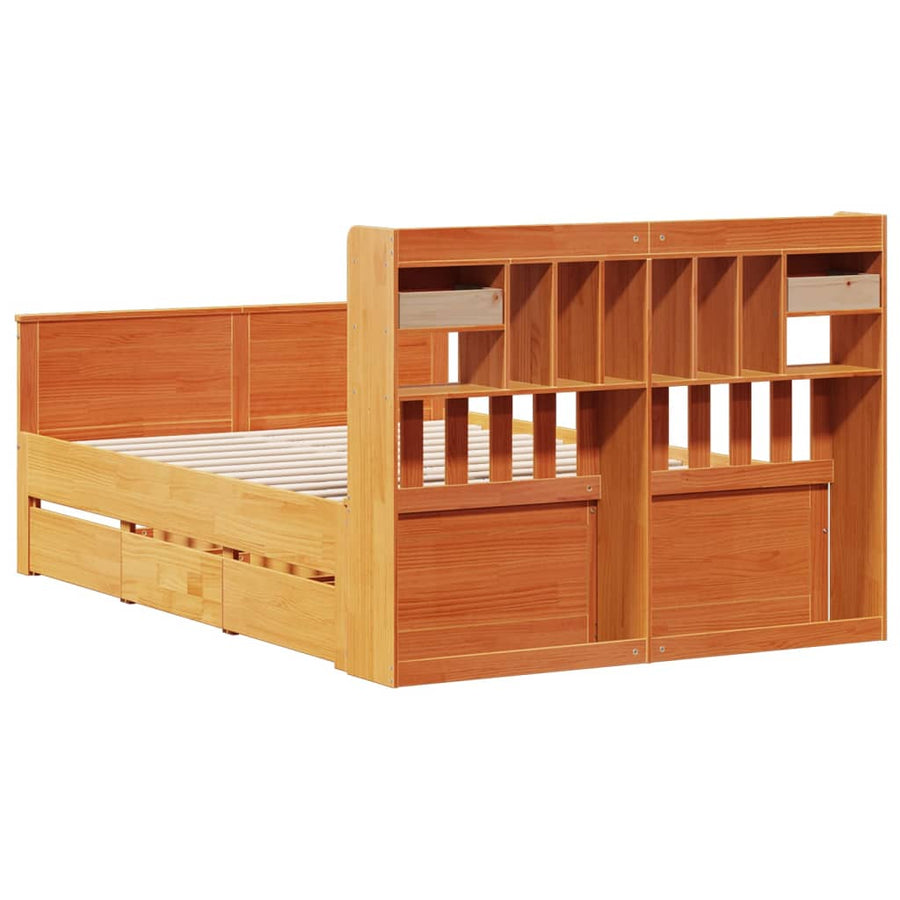 Bed met boekenkast zonder matras grenenhout wasbruin 150x200 cm