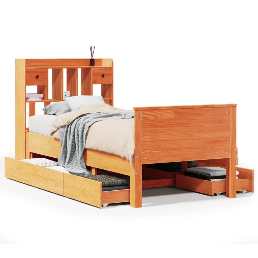 Bed met boekenkast zonder matras grenenhout wasbruin 100x200 cm