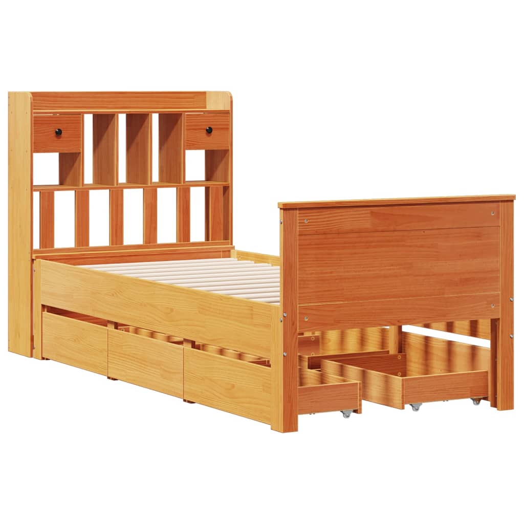 Bed met boekenkast zonder matras grenenhout wasbruin 100x200 cm