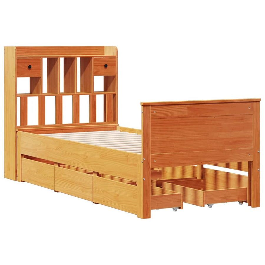 Bed met boekenkast zonder matras grenenhout wasbruin 100x200 cm