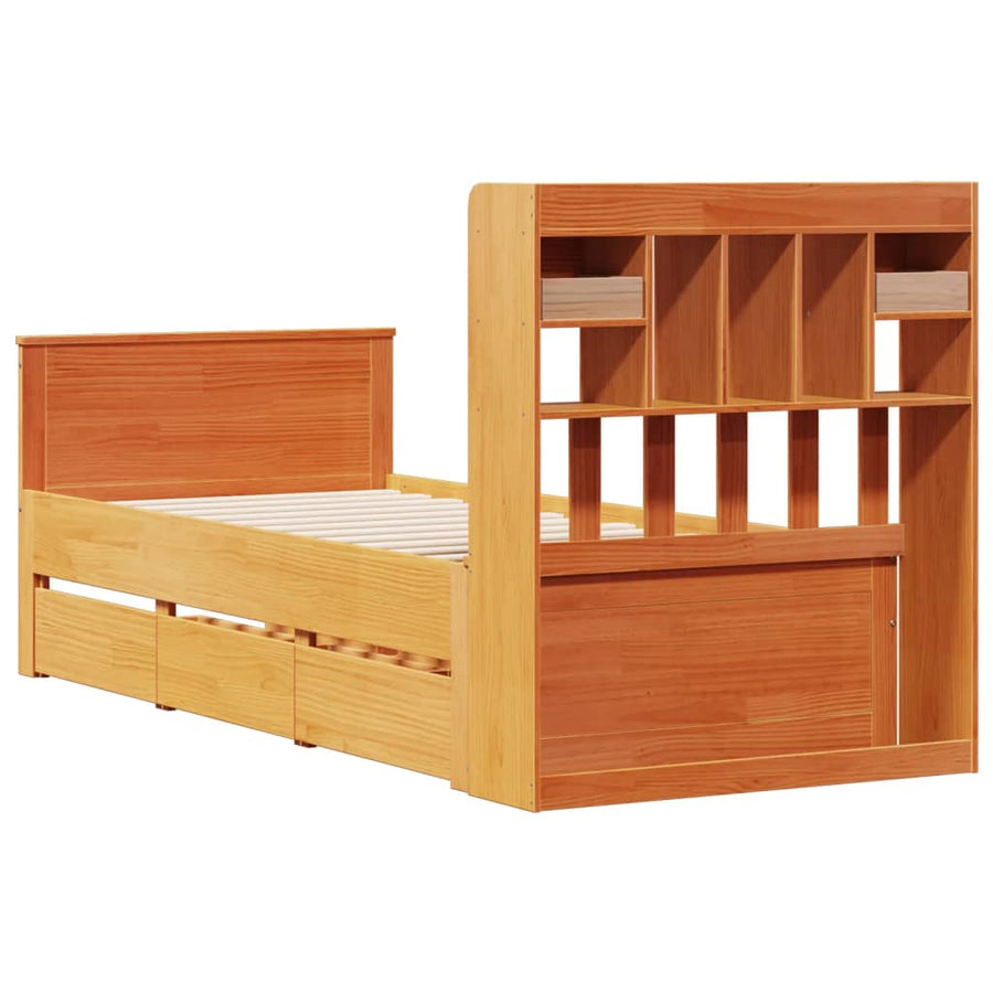Bed met boekenkast zonder matras grenenhout wasbruin 100x200 cm