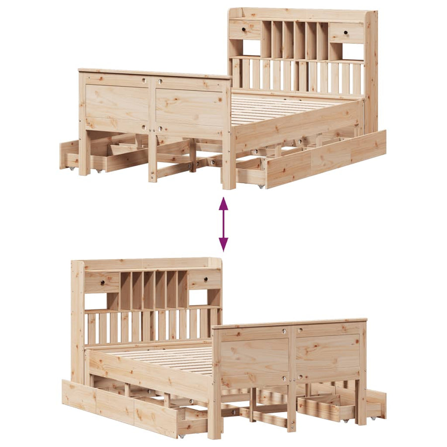 Bed met boekenkast zonder matras massief grenenhout 135x190 cm