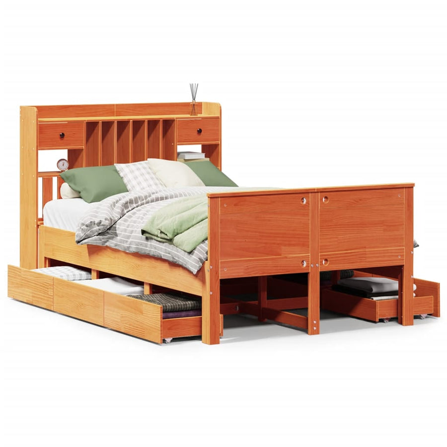 Bed met boekenkast zonder matras grenenhout wasbruin 135x190 cm