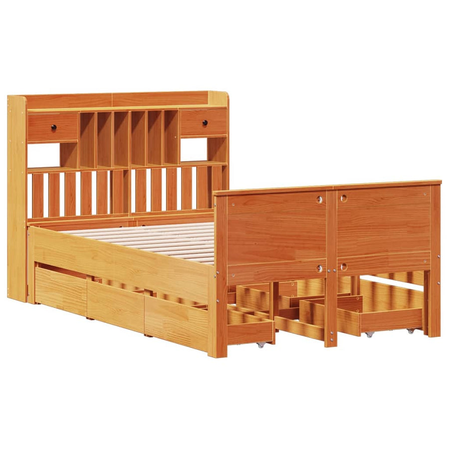Bed met boekenkast zonder matras grenenhout wasbruin 135x190 cm