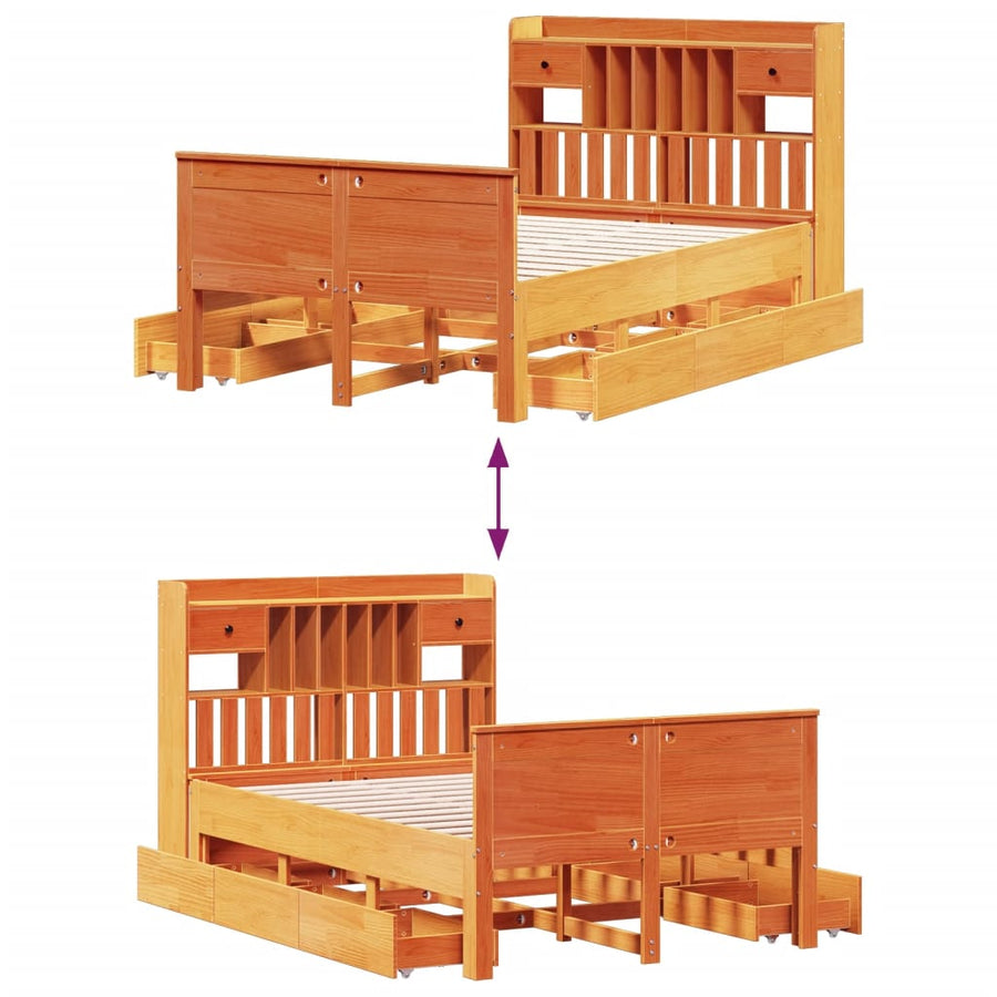 Bed met boekenkast zonder matras grenenhout wasbruin 135x190 cm