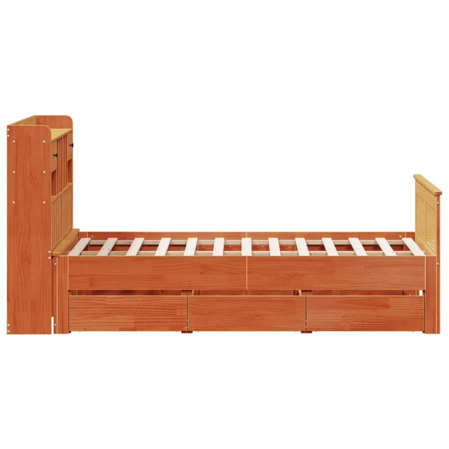 Bed met boekenkast zonder matras grenenhout wasbruin 135x190 cm