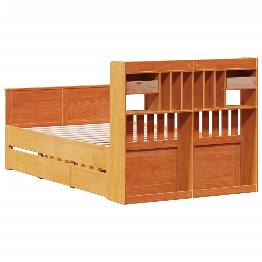 Bed met boekenkast zonder matras grenenhout wasbruin 135x190 cm