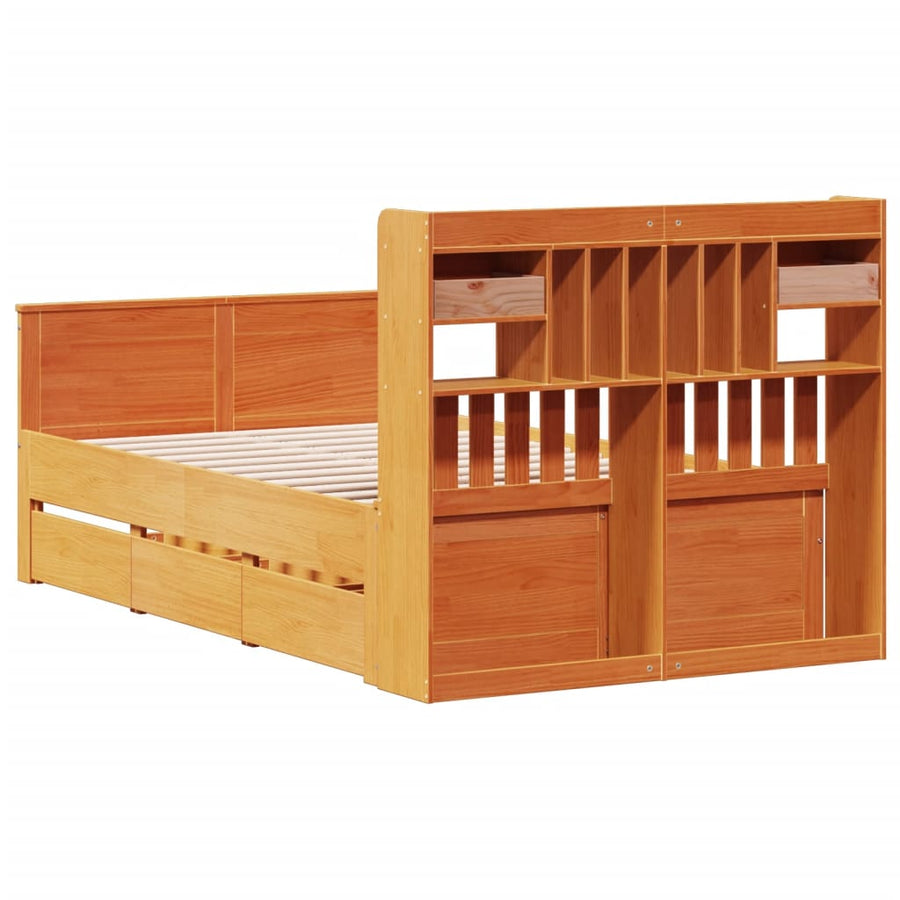 Bed met boekenkast zonder matras grenenhout wasbruin 135x190 cm