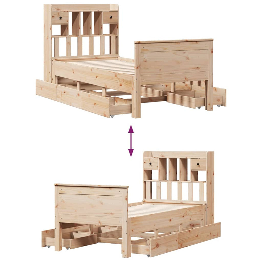 Bed met boekenkast zonder matras massief grenenhout 75x190 cm