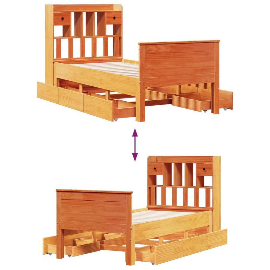 Bed met boekenkast zonder matras grenenhout wasbruin 75x190 cm