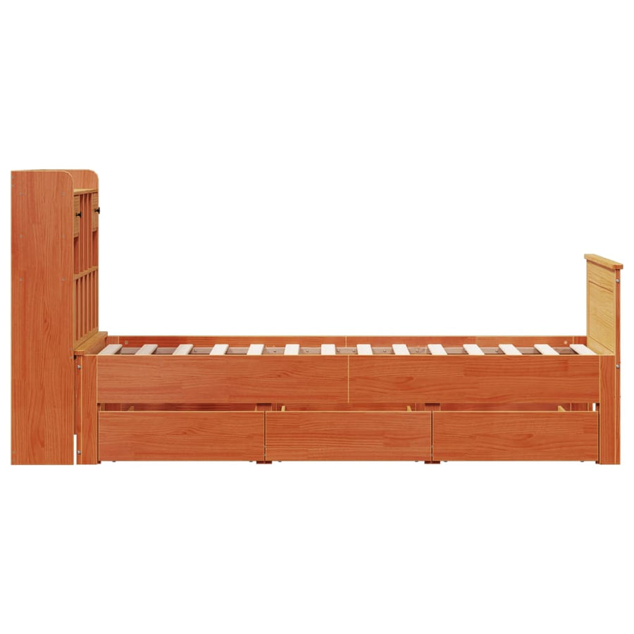 Bed met boekenkast zonder matras grenenhout wasbruin 75x190 cm