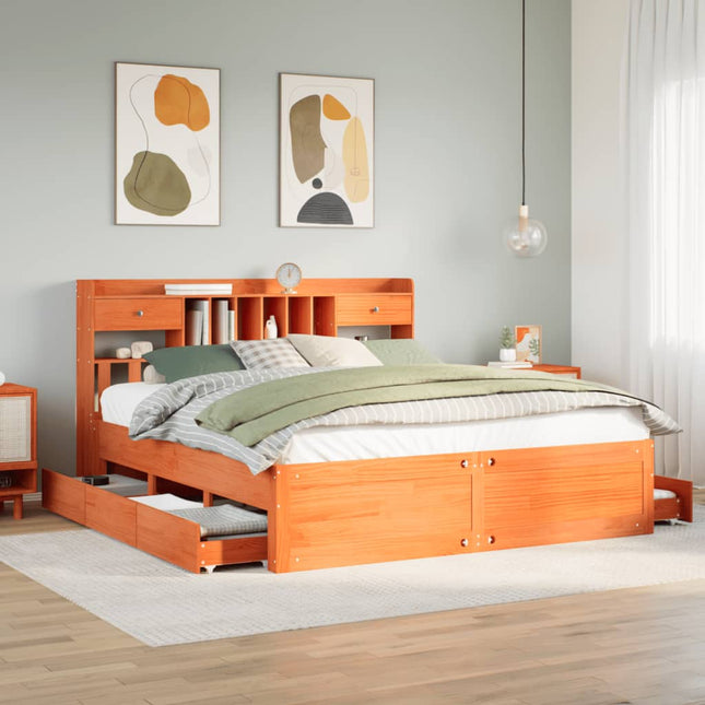 Bed met boekenkast zonder matras grenenhout wasbruin 200x200 cm