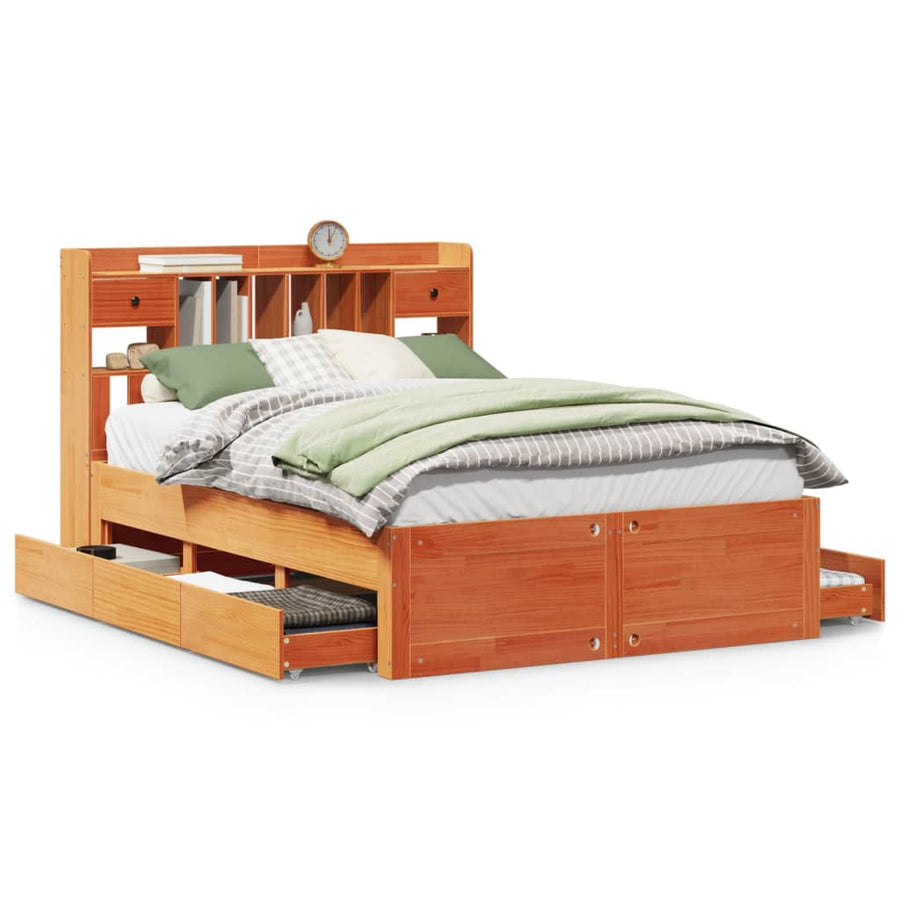 Bed met boekenkast zonder matras grenenhout wasbruin 150x200 cm
