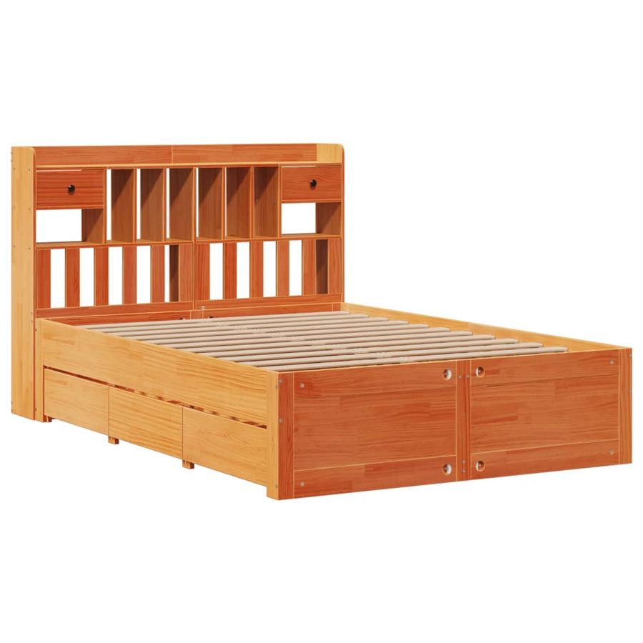 Bed met boekenkast zonder matras grenenhout wasbruin 150x200 cm
