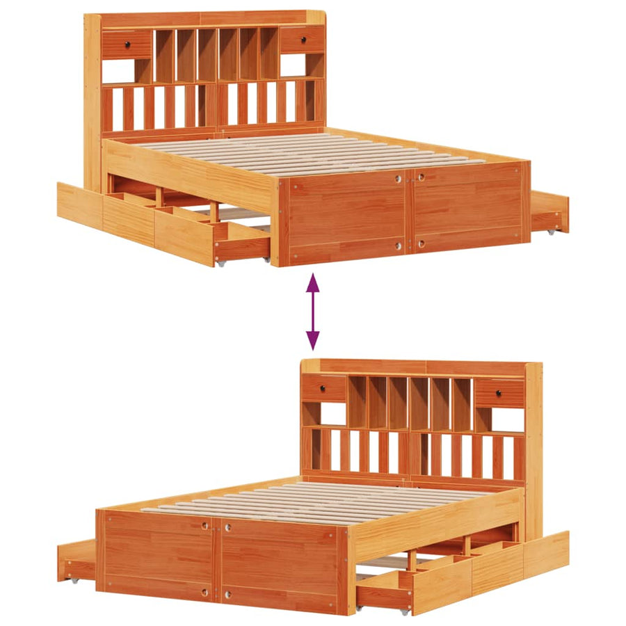 Bed met boekenkast zonder matras grenenhout wasbruin 150x200 cm