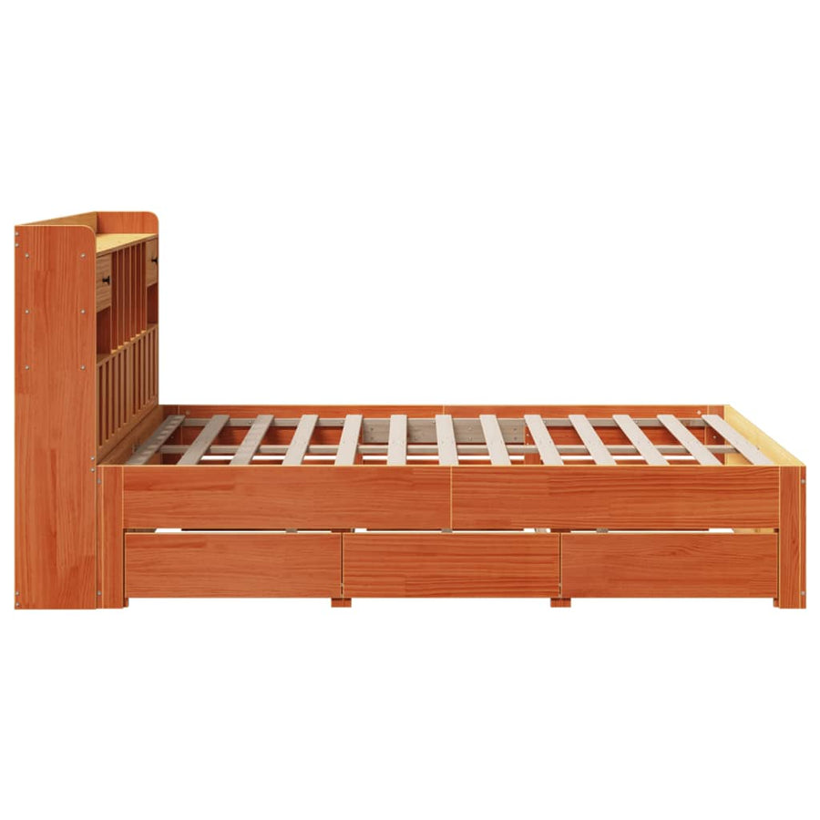 Bed met boekenkast zonder matras grenenhout wasbruin 150x200 cm