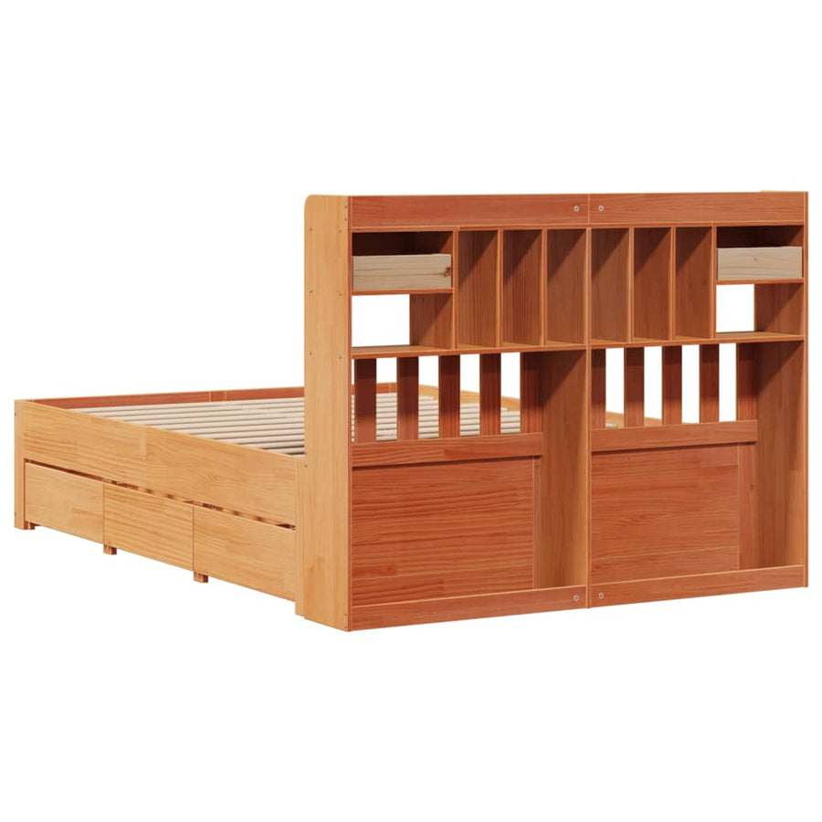 Bed met boekenkast zonder matras grenenhout wasbruin 150x200 cm