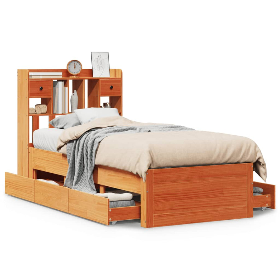 Bed met boekenkast zonder matras grenenhout wasbruin 100x200 cm