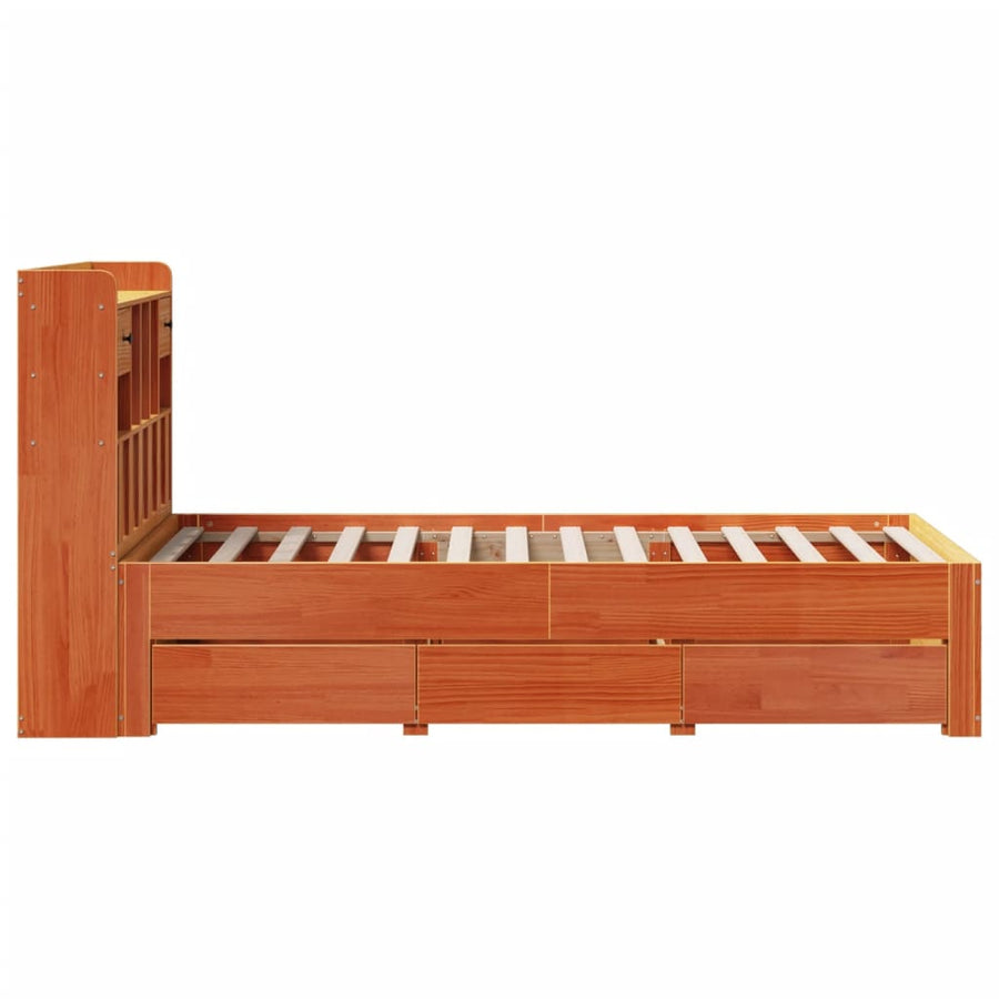 Bed met boekenkast zonder matras grenenhout wasbruin 100x200 cm