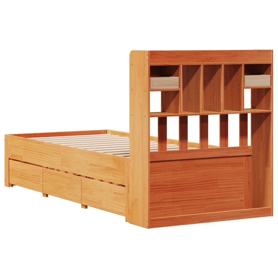 Bed met boekenkast zonder matras grenenhout wasbruin 100x200 cm