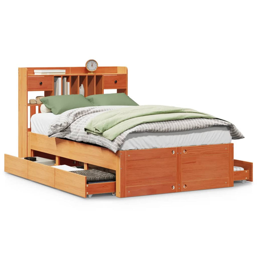 Bed met boekenkast zonder matras grenenhout wasbruin 135x190 cm