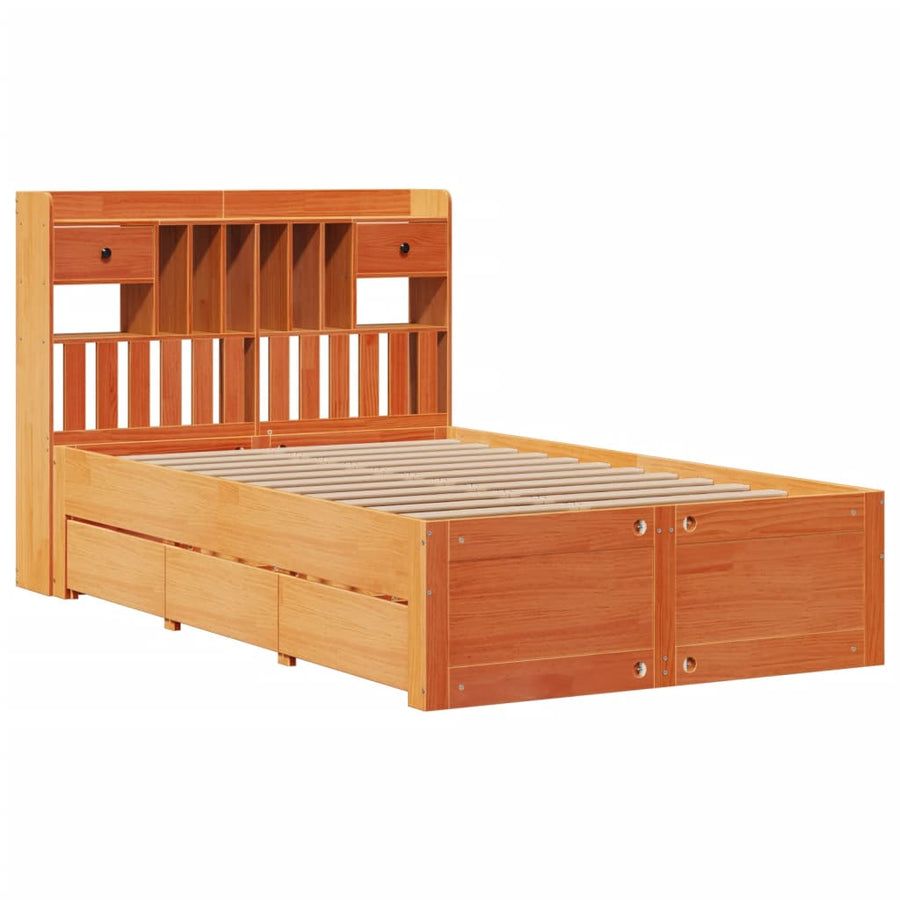 Bed met boekenkast zonder matras grenenhout wasbruin 135x190 cm