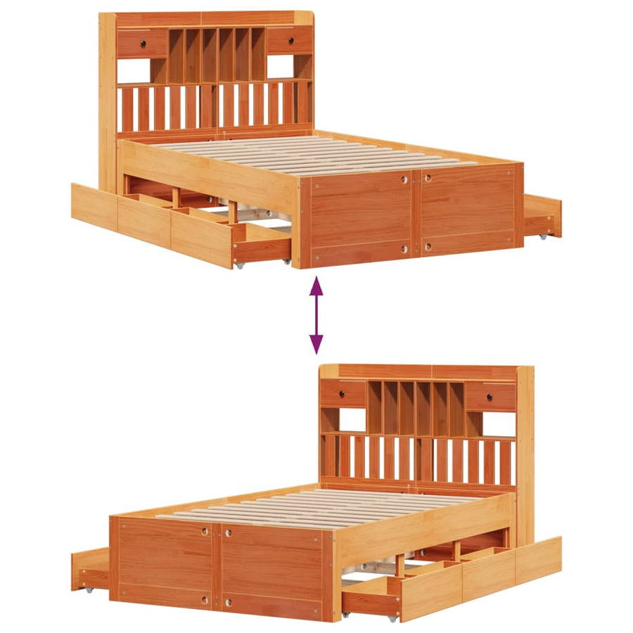 Bed met boekenkast zonder matras grenenhout wasbruin 135x190 cm