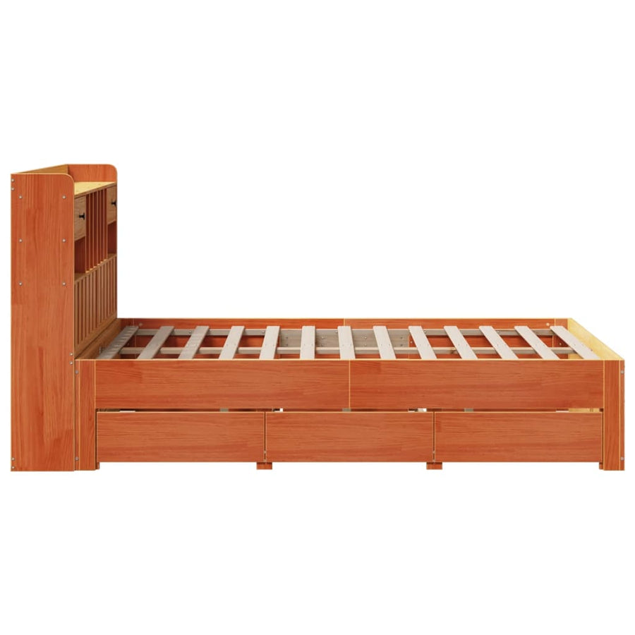 Bed met boekenkast zonder matras grenenhout wasbruin 135x190 cm